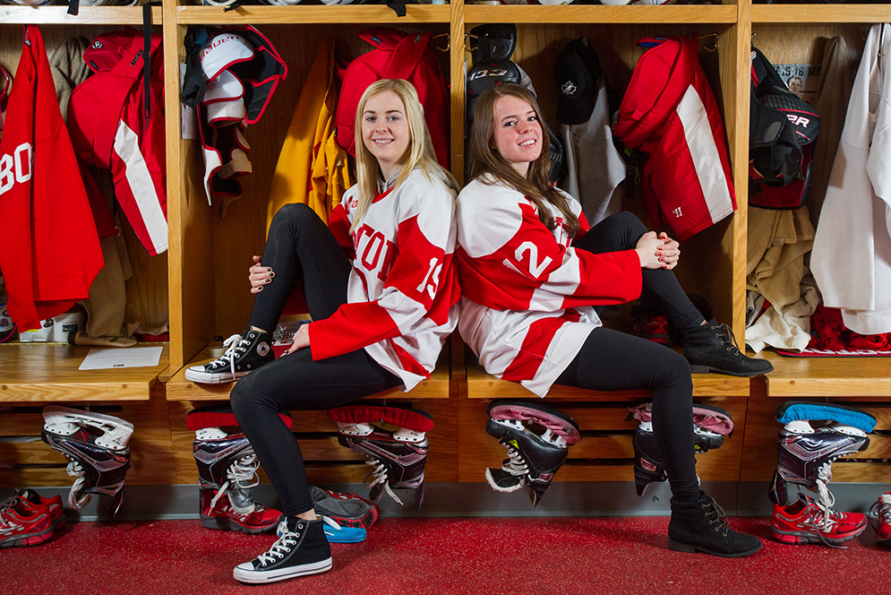 Forward right wing Rebecca Leslie (Questrom'18), left, and forward center Victoria Bach (CGS'18) of BU women's ice hockey players.