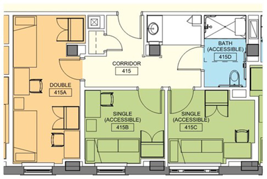 The redesigned layout of the Myles Standish interior increases privacy; currently, some students can access the common bathrooms only through other students’ rooms.