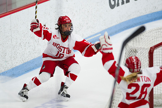 Rebecca Russo celebrates a goal during the Women's Beanpot Tournament 2016