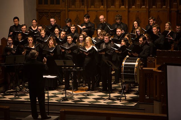The Boston Choral Ensemble sings Herbert Howells, "Requiem" during, "A Voice From Heaven" concert on Friday, Feb. 12, 2016. The conert was part of the annual conference of the Society for Christian Scholarshiip in Music and includes two of the best choral works composed in the last one hundred years. The concert ended with a round table discussion by a distinguished group of scholars and performers. Photo By Jake Belcher