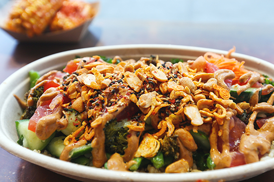 The Vietnamese-influenced Viet style bowl, with roasted broccoli, smashed cucumber, blistered green beans, cured tomato, basil, peanut crumble, and spicy peanut dressing, demonstrates the restaurant’s ability to craft a bowl with an exciting combination of flavors and textures.