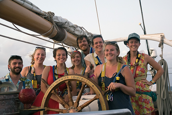 Jeffrey Morgan (CAS’17) (left) and members of his watch on the research vessel SSV Corwith Cramer. Photo by Janet Bering