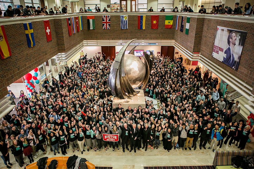 One year after they donated $50 million to the University, which renamed SMG the Questrom School of Business, Allen (Questrom’64, Hon.’15) and Kelli (Hon.’15) Questrom joined upwards of 600 faculty, students, and staff to celebrate the first annual Questrom Day. Photo by Dan Aquirre