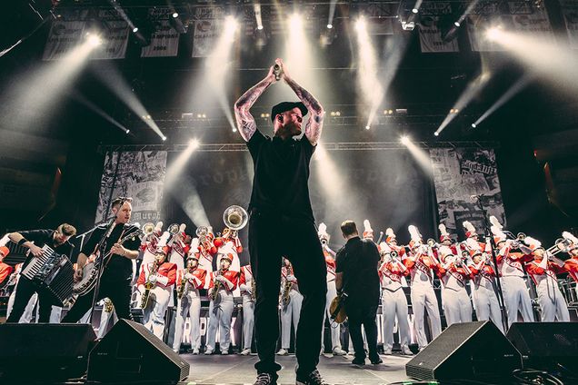 The Boston University Pep Band joined Dropkick Murphys onstage to perform "Shipping Up To Boston" on Saturday, March 19 at Agganis Arena. Photo by Natasha Moustache