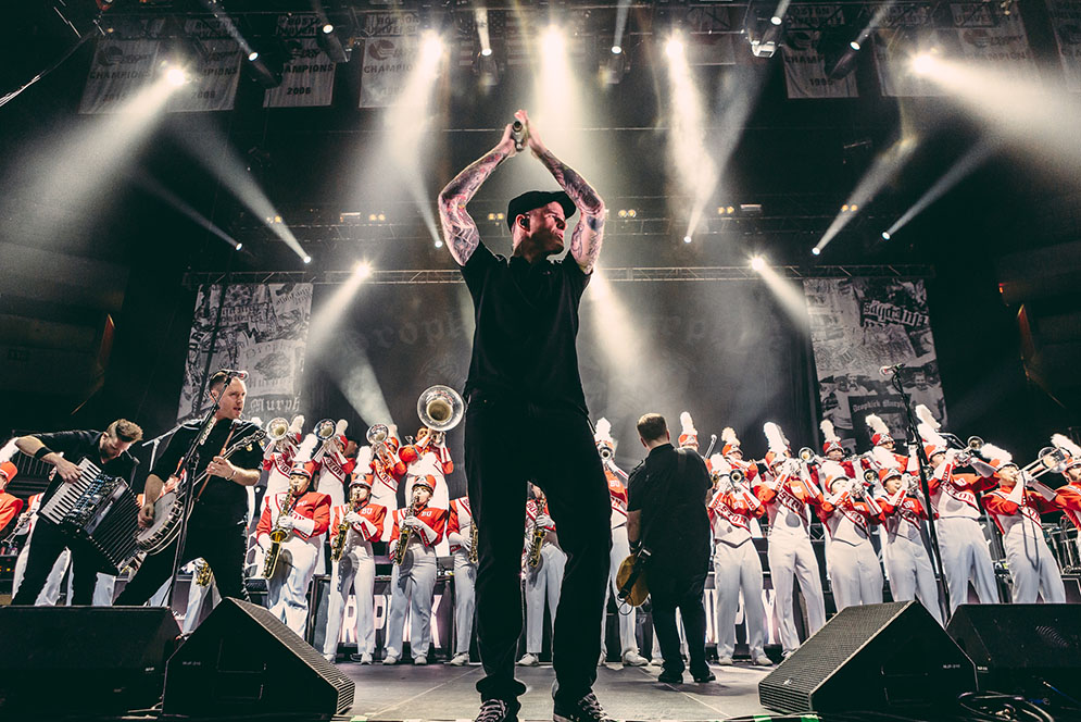 The Boston University Pep Band joined Dropkick Murphys onstage to perform "Shipping Up To Boston" on Saturday, March 19 at Agganis Arena. Photo by Natasha Moustache