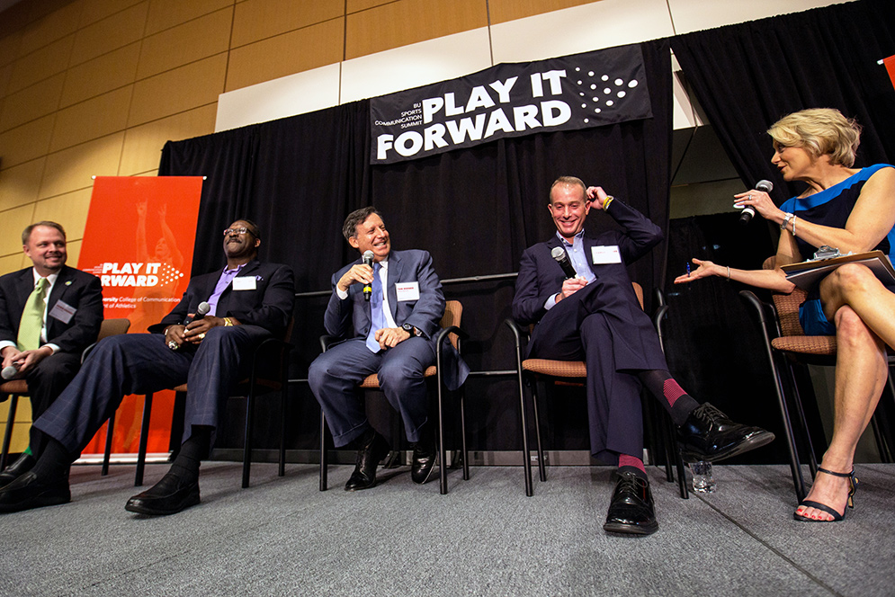 NFL Network correspondent Andrea Kremer  leads the  Breakfast with Champions panel at the Play It Forward Sports Communication Summit at Aggannis Arena