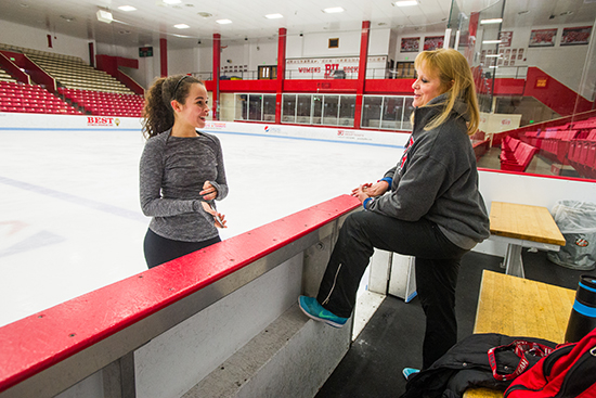 BU Figure Skating Club head coach Andrea Mohns-Brillaud (COM’87) (right) and Noelle Weill (COM’19) during a recent practice at Walter Brown Arena.