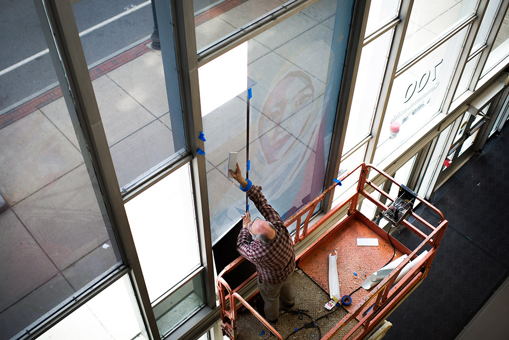 New art created by Yue Guan (CAS'16, COM'16) is installed by Seaport Graphics at Warren Towers on Monday, May 9, 2016.