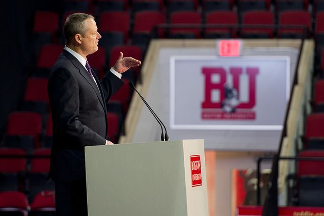Governor Charlie Baker speaks about the success of MA charter schools, the importance of vocation schools, and addressing issues of racism in schools during the Education Writers Association's 69th National Seminar May 4, 2016 at Agganis Arena. Co-hosted by Boston University's College of Communication and School of Education, EWA's 69th National Seminar examined a wide array of timely topics in education  from early childhood through career while expanding and sharpening participants' skills in reporting and storytelling. Photo by Cydney Scott
