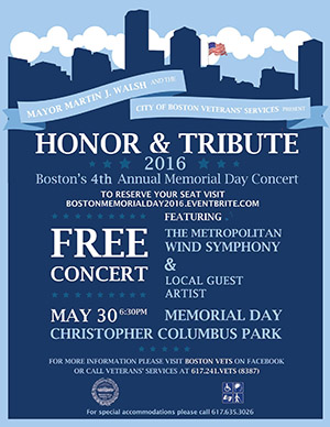 On Memorial Day, Mayor Martin J. Walsh will host Honor & Tribute, a free outdoor concert at Christopher Columbus Park that pays tribute to US veterans. Photo courtesy of Boston Vets