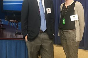 Professor Daniel Segrè and PhD candidate Allyson Byrd at the White House launch of the National Microbiome Initiative