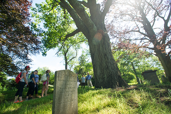 On a stroll through Mount Auburn Cemetery, students learn about its role in the history of public spaces.