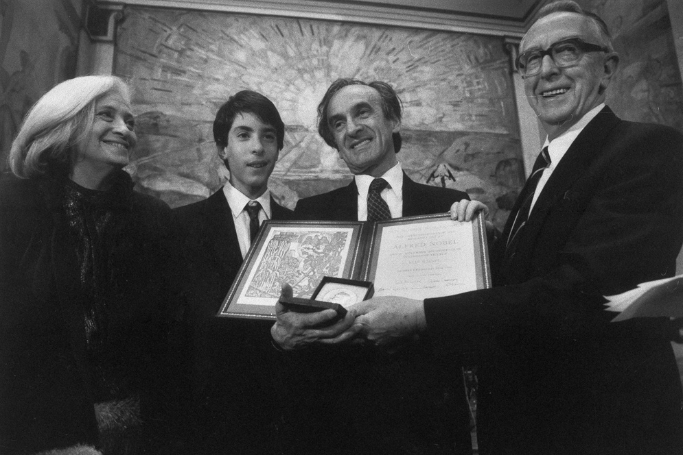 Elie Wiesel Receives the Nobel Peace Prize, 1986 - pictured with wife Marion, son Shlomo, Egil Aarvik, chairman of the Nobel Peace Prize Committee