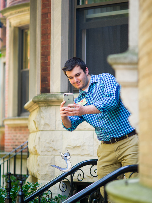 portrait of college student James Mattone with Pokemon character Dratini