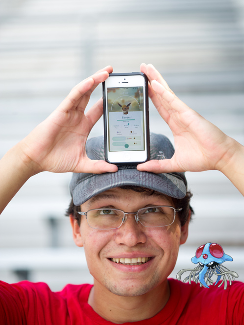 portrait of college student Nick Rodriguez with Pokemon character Tentacruel