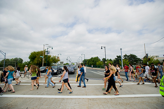 students crossing street