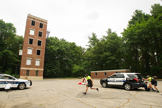 BUPD officers Mike Vanaria and Diane Smith during active shooter training at Brookline Fire Station 6