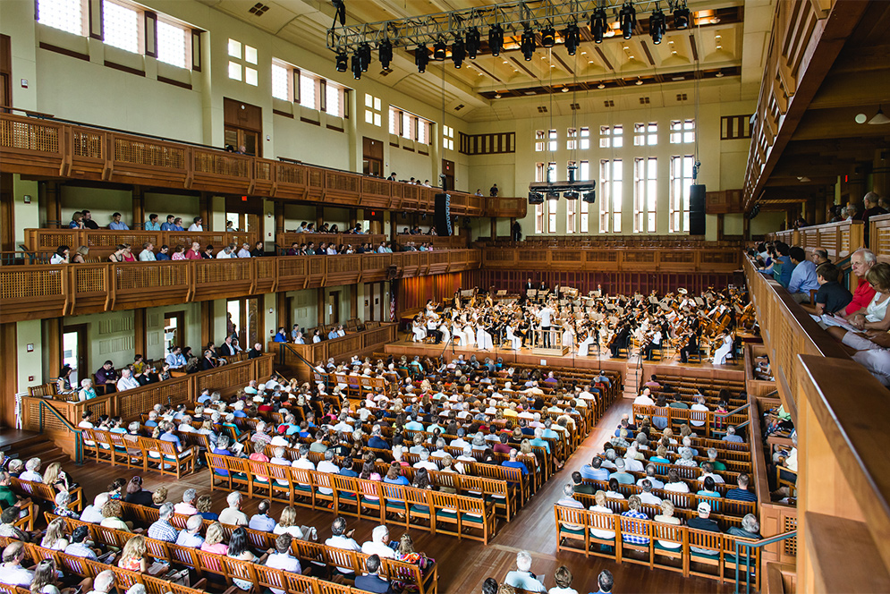 A large audience watches the Boston University Tanglewood Institute 50th Anniversary concert at Seiji Ozawa Hall at Tanglewood