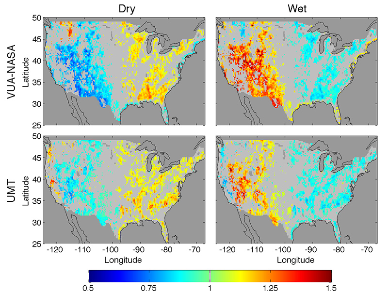 weather maps showing correlation between damp or dry soil and rainfall