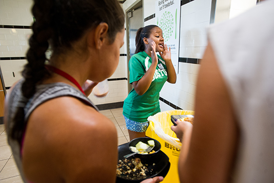 Sustainability Ambassador Lena Adams (SAR’19) directs Composting Comes Out during an orientation