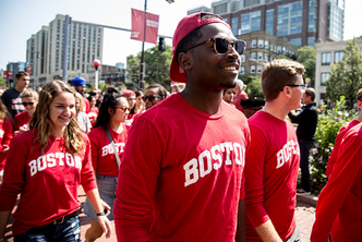 Incoming freshmen march down Commonwealth Avenue during the ceremonial procession to the 2016 Boston University Matriculation Ceremony