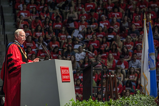 Boston University President Robert A. Brown addresses the Class of 2020 during the 2016 Matriculation Ceremony at Agganis Arena