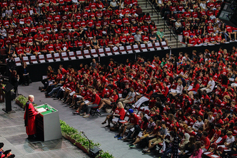 Boston University President Robert A. Brown addresses the Class of 2020 during the 2016 Matriculation Ceremony at Agganis Arena