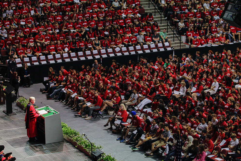 Boston University President Robert A. Brown addresses the Class of 2020 during the 2016 Matriculation Ceremony at Agganis Arena