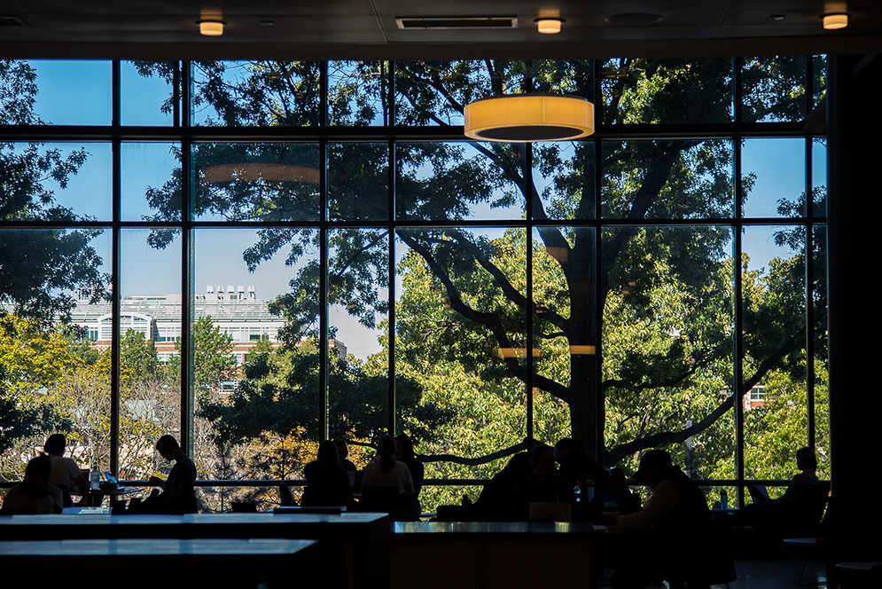 Students studying in the Sumner M. Redstone Building