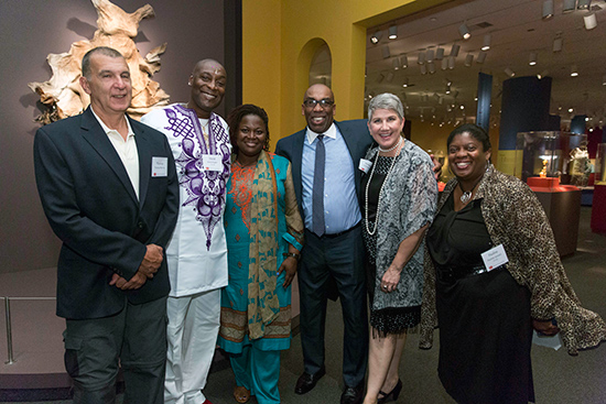 Thomas Murray, David Kegler (CFA’88), Dasha Saintremy, Thomas Baynham (STH’15), Suzanne Hicks, and Pauline Jennett, (STH’05, SED’16), guests at the National Museum of African Art celebration