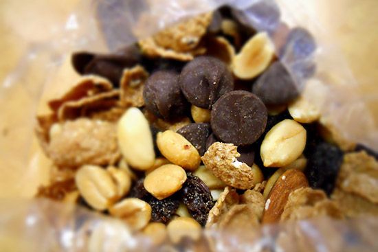 nuts raisins and chocolate chips trail mix in a bag