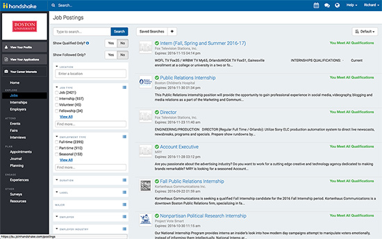 Handshake screen shot - list of jobs available