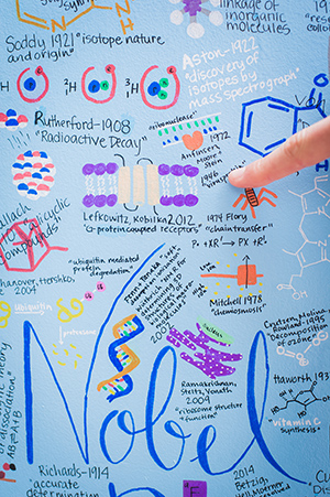 Chemical structures of molecules and tiny illustrations on piano