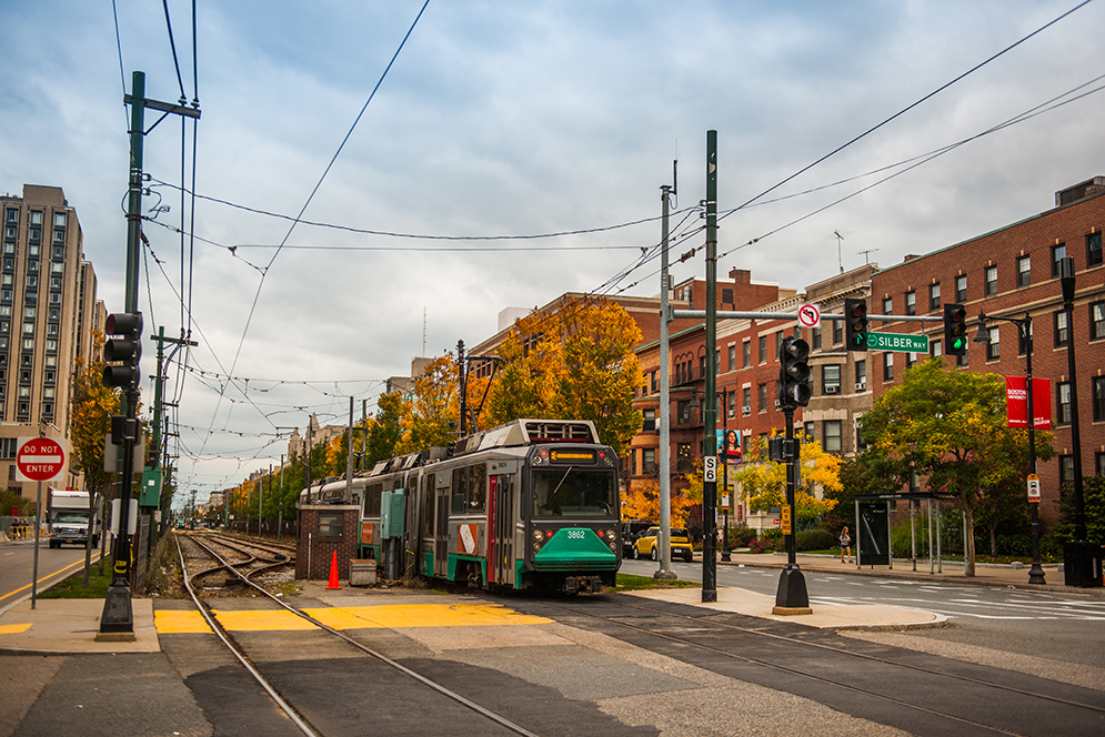 MBTA Green Line B Train trolley on Commonwealth Ave.