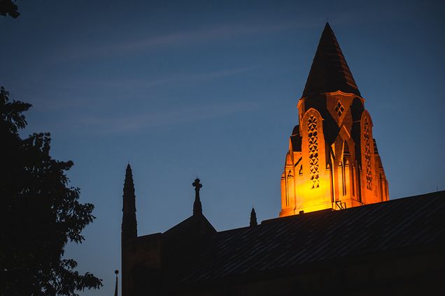 A view of Marsh Chapel at dusk