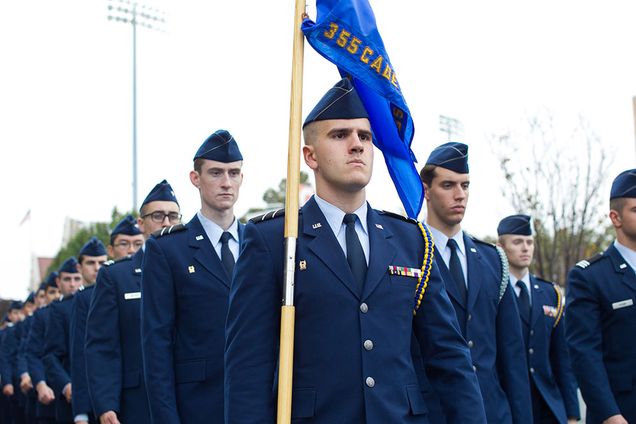 Cadet Joseph Wahl (CAS'19), Cadet Zachary Hoffman of Boston College, and Cadet William Pearson (ENG'17) at the Pass-in-Review ceremony