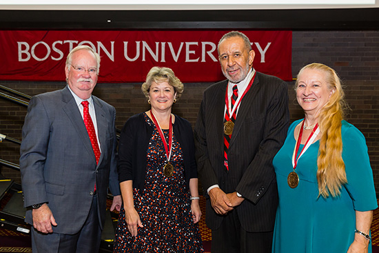 President Robert A. Brown (from left) with the 2016 Distinguished Alumni Award recipients, Bonnie Arnold (COM’78), Gilbert Caldwell (STH’58), and Ruth McFarlane Hunter (ENG’64, Questrom’86)