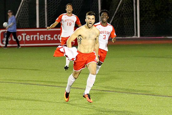 Felix De Bona celebrating a goal shirtless