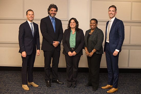 ames “Nooka” Jones (COM’10) (Distinguished Young Alumnus Award); Carlos Bardasano (COM’97, Questrom’97); Mariette DiChristina (COM’86); Sylvia Stevens-Edouard (COM’74); and Henry “Hank” Hughes IV (COM’06), all winners of the College of Communication Distinguished Alumni Awards