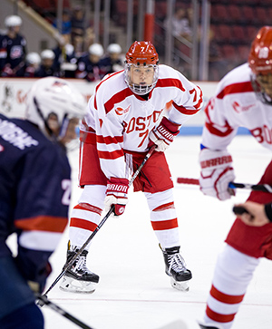 Charlie McAvoy (CGS’17) during an ice hockey game