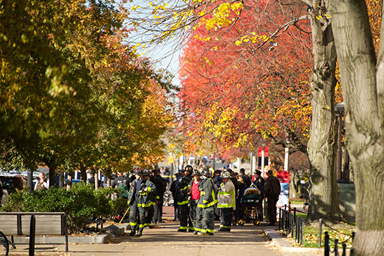 Firefighters gather at Mugar due to a hoax