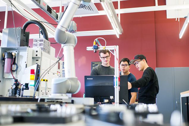Engineering students (left to right) Jeff Costello (ENG 17), Jason Yung (ENG 17) and Dong Hoon Kim (ENG 19)  work on their projects
