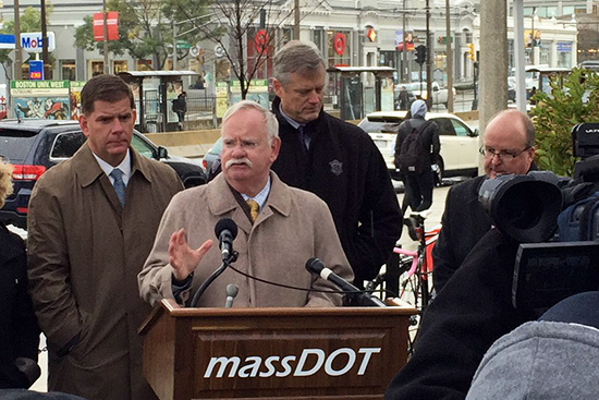 Boston University President Robert Brown speaks at the groundbreaking ceremony for Phase II of the Commonwealth Avenue Improvement Project