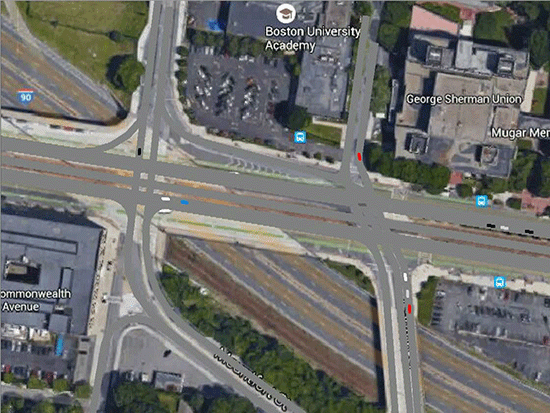 Cassandras’ vision to create an internet of cars would improve the cooperation between vehicles and their surroundings. In this simulation, note how the cars decelerate and accelerate accordingly without fully stopping at intersections and how no traffic light signaling is used. Provided by CODES Laboratory