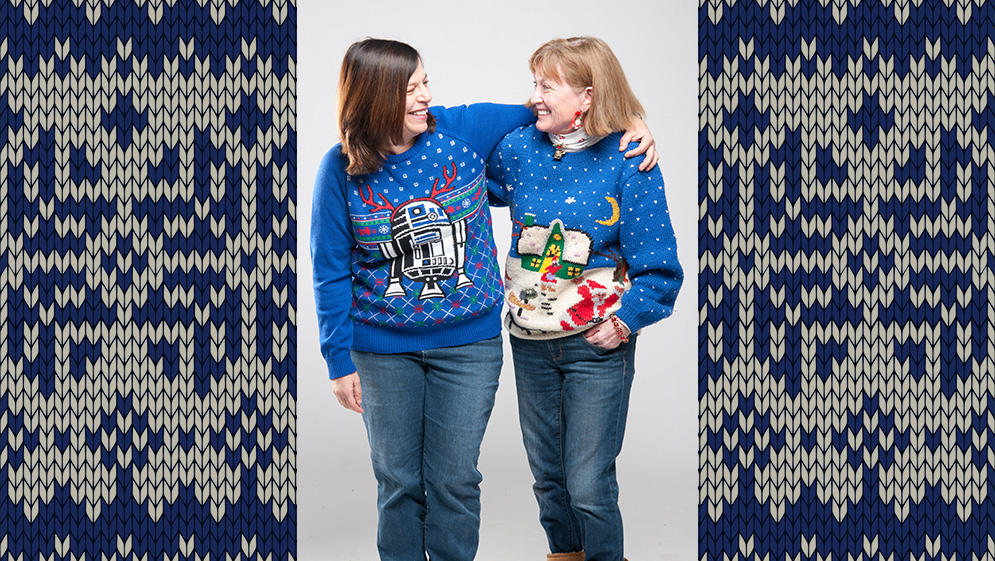 Deborah Utter and Phyllis McGinnis in their ugly holiday sweaters