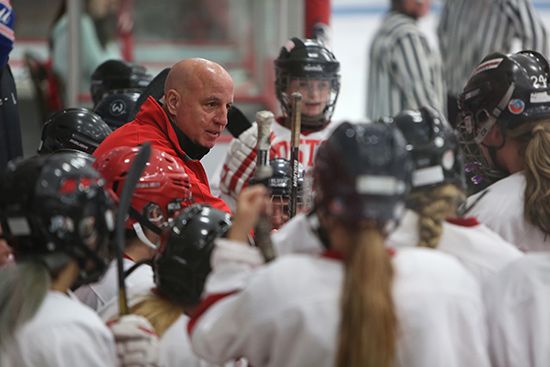 Jim Pascarelli coaching the women's hockey team during a game