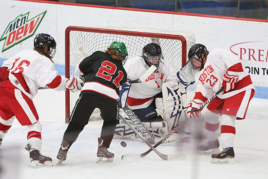 Lindsay Hulley defends the goal during a hockey game