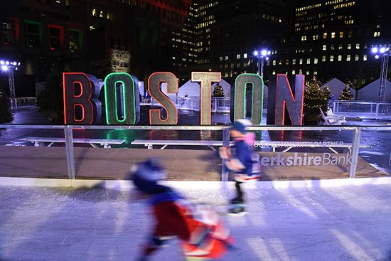 Skaters on skating path at Boston Winter at City Hall