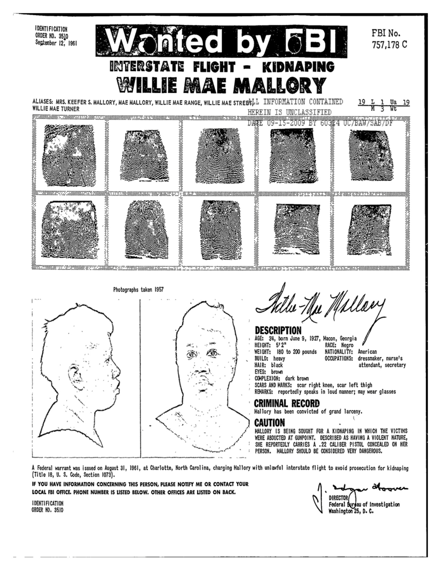 FBI wanted document for Mae Mallory