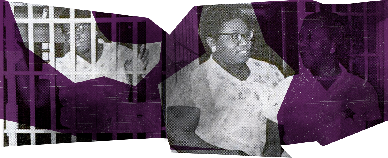 Mae Mallory in her cell(left), awaiting extradition after being falsely accused. Being released from prison(right).